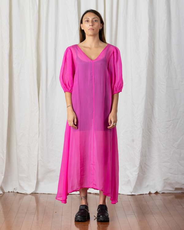 Ali Golden Sheer Double V-Neck Maxi Dress - Neon Pink