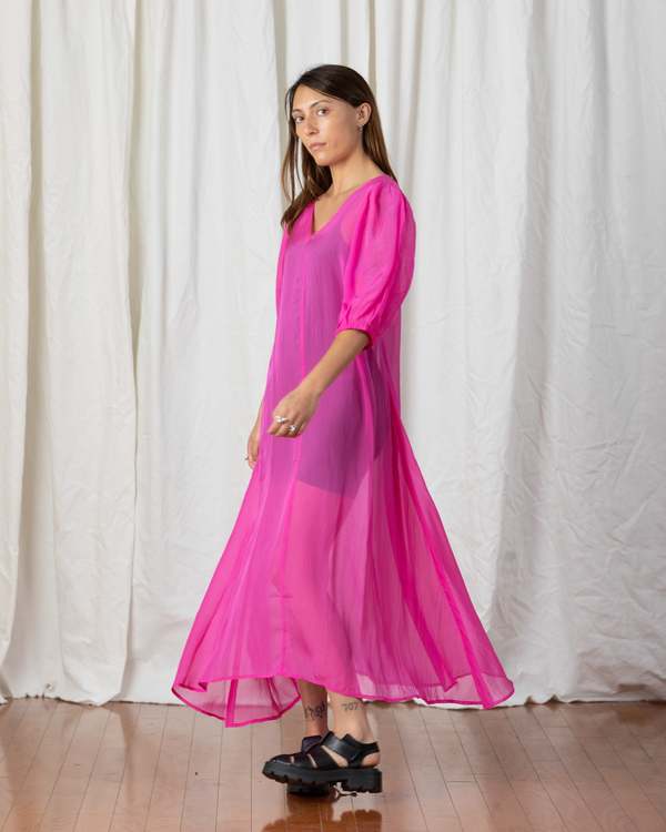 Ali Golden Sheer Double V-Neck Maxi Dress - Neon Pink | Garmentory
