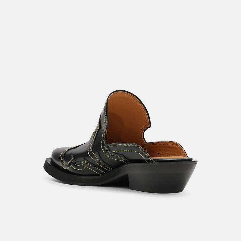 Ganni Embroidered Western Mule - Black/Yellow | Garmentory