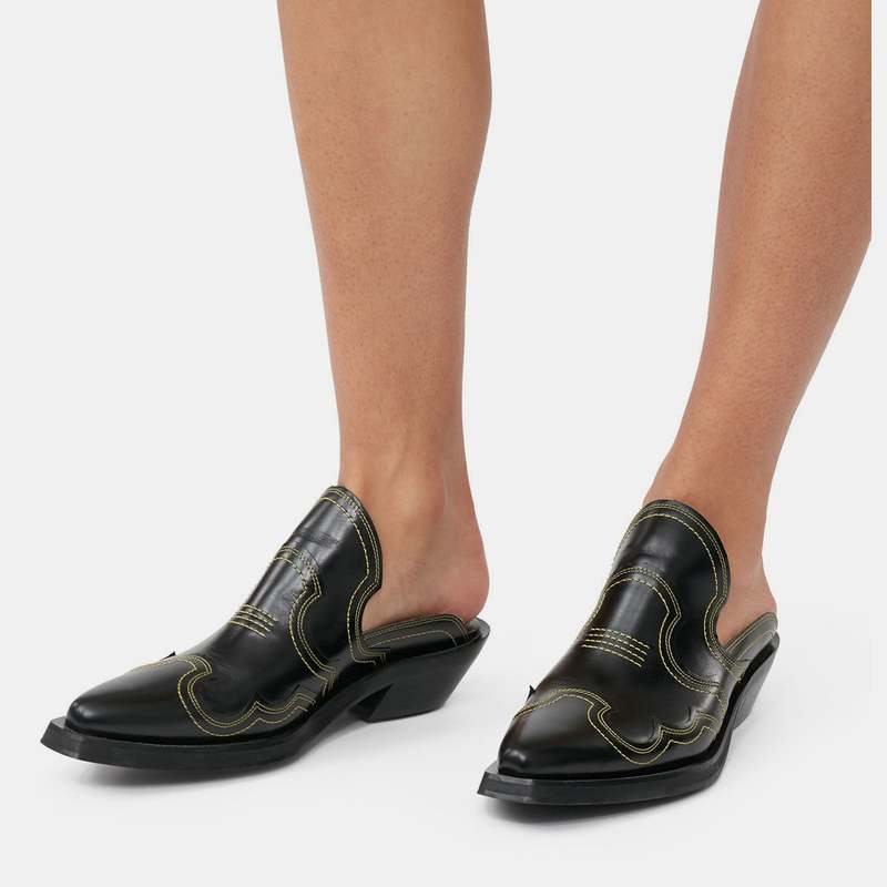 Ganni Embroidered Western Mule - Black/Yellow | Garmentory