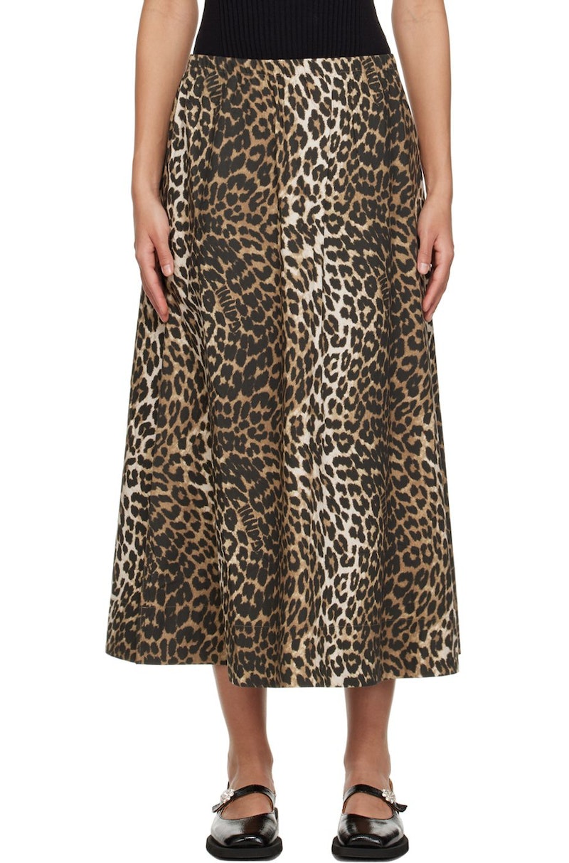 GANNI Midi Skirt Brown Leopard