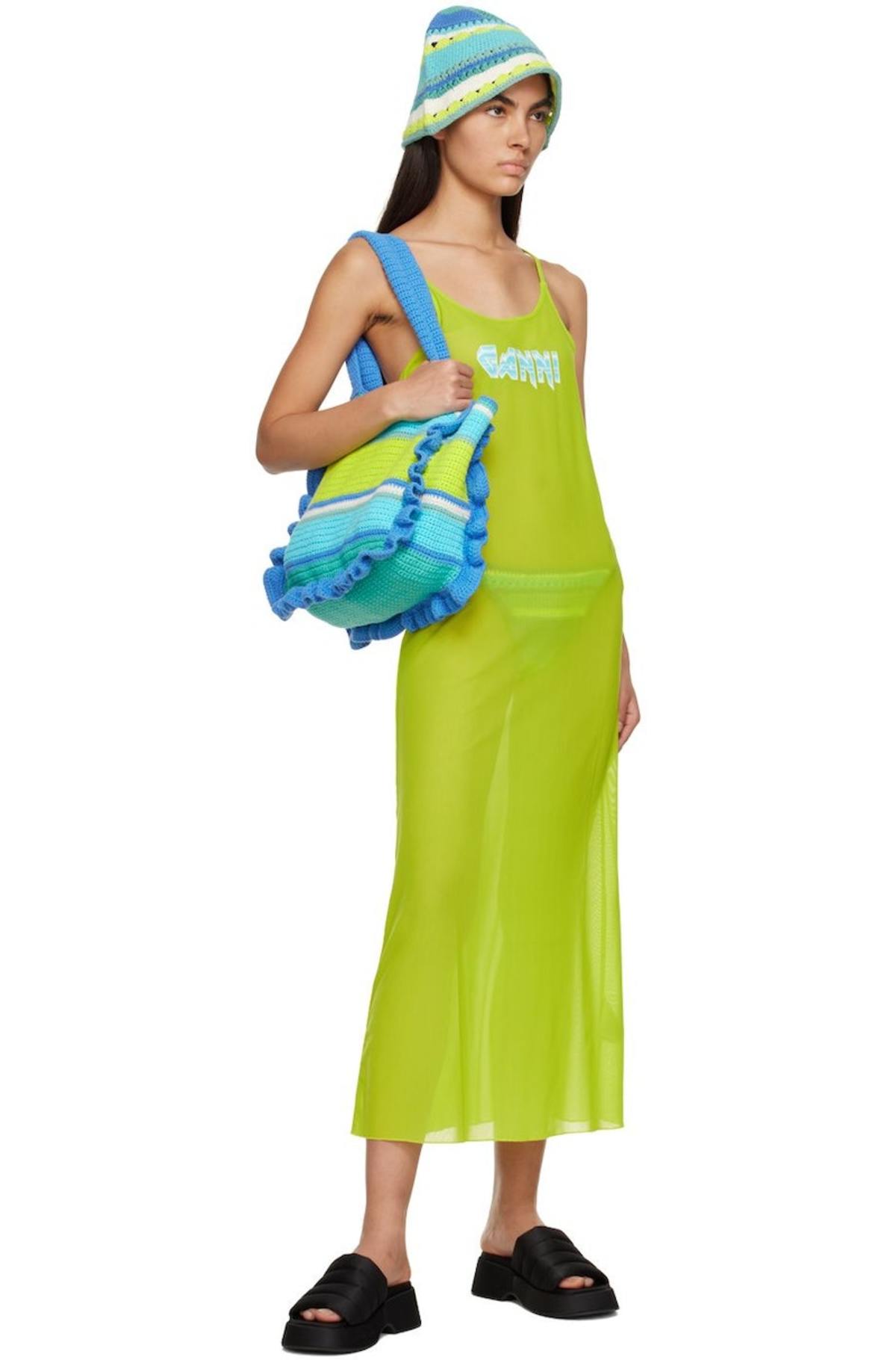 ganni lime green dress Ganni Checked Cotton-blend Seersucker Mini Dress in Green