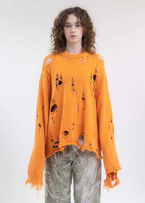 トップス doublet BURNING EMBROIDERY KNIT PULLOVER Doublet DESTROYED KNIT PULLOVER - ORANGE | Garmentory