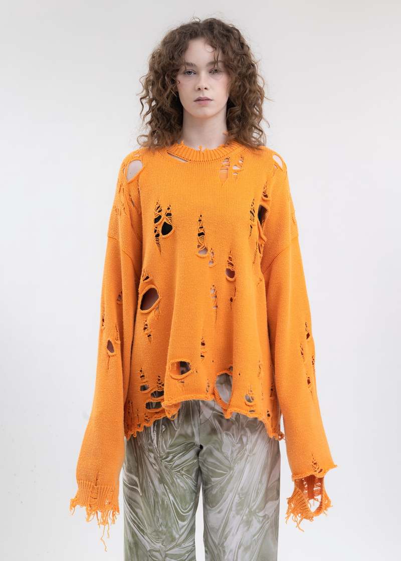 Doublet DESTROYED KNIT PULLOVER - ORANGE | Garmentory