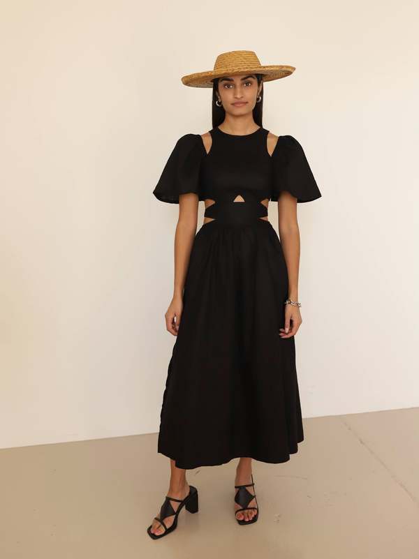 Sovere Cut Out Linen Midi Dress - Black on Garmentory
