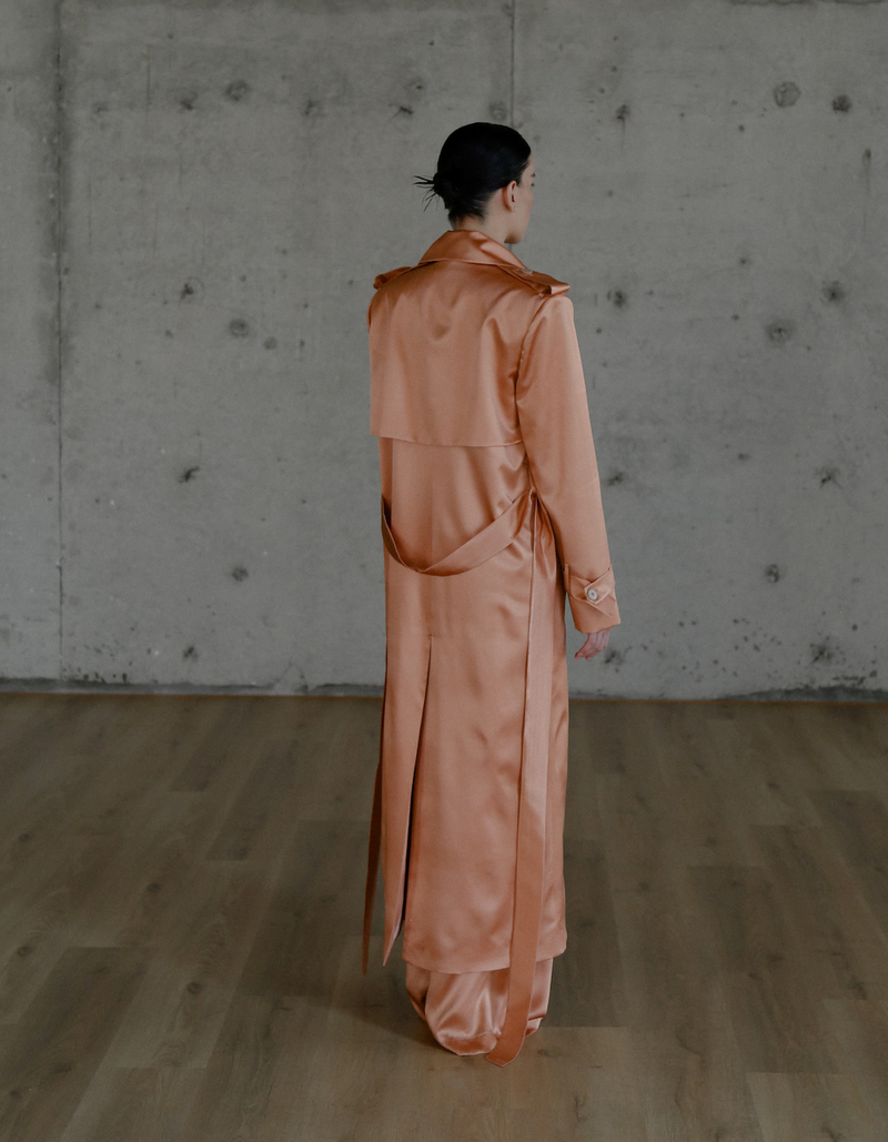 MAET BLAIRE Long Trench Coat Peach Silk - Main Image