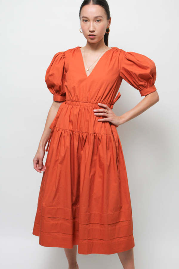 Aureum Iris Puff Sleeve Midi Dress - Terracotta | Garmentory