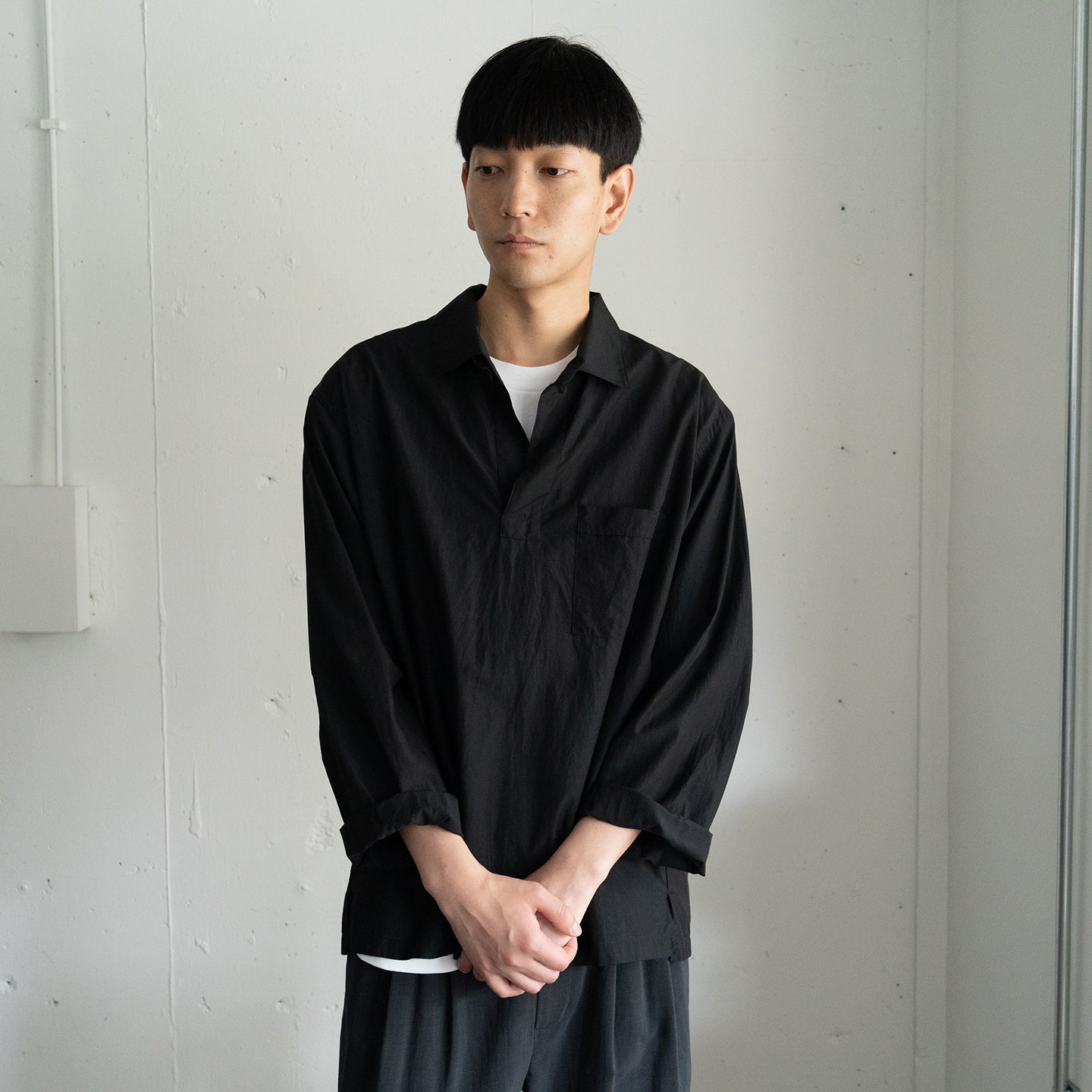 Still By Hand Cupro Mixed Skipper Shirt - Black | Garmentory