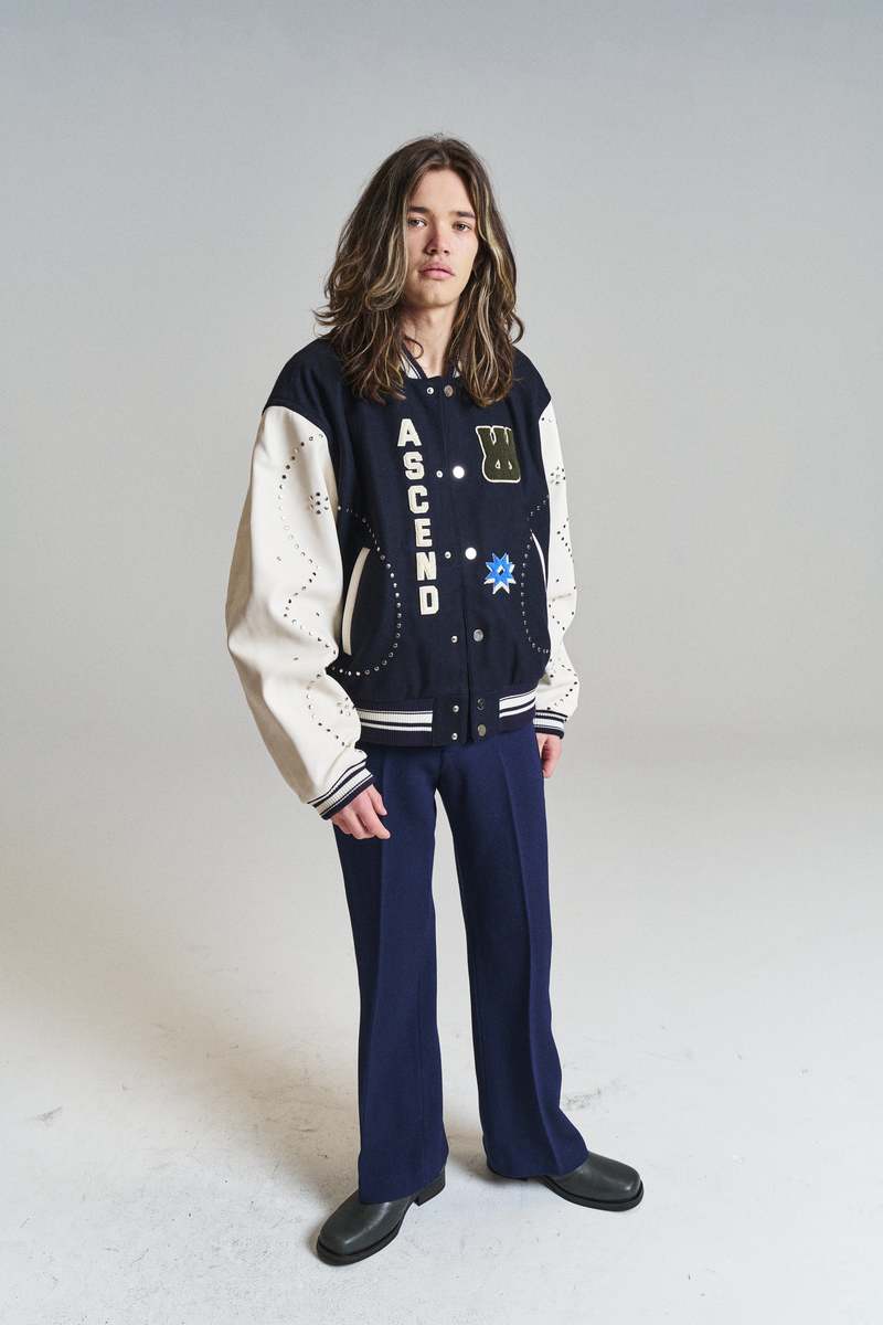 Wales Bonner Wool & Ivory Leather Varsity Jacket - Navy | Garmentory