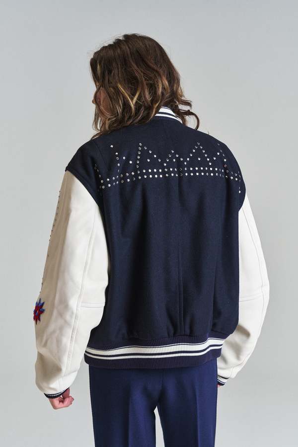 Wales Bonner Wool & Ivory Leather Varsity Jacket - Navy | Garmentory