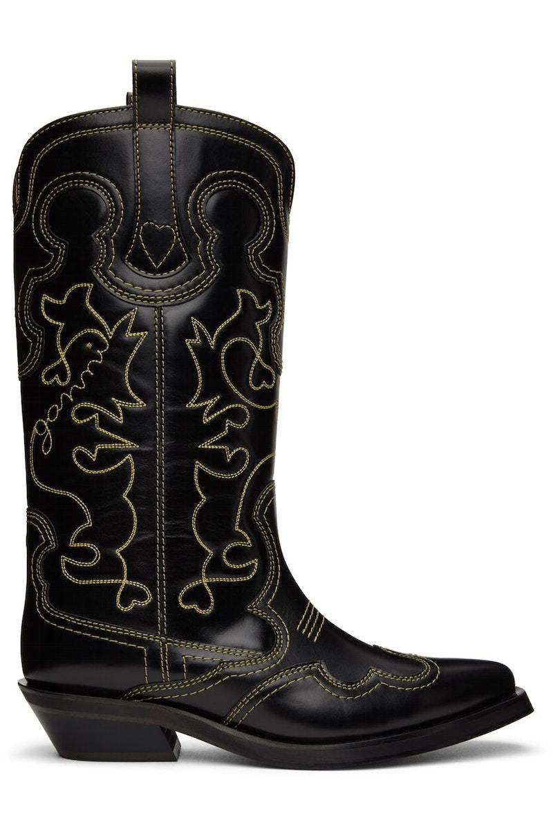 ブーツその他 GANNI EMBROIDERED WESTERN BOOT GANNI Embroidered Western Boots - Black/Yellow | Garmentory