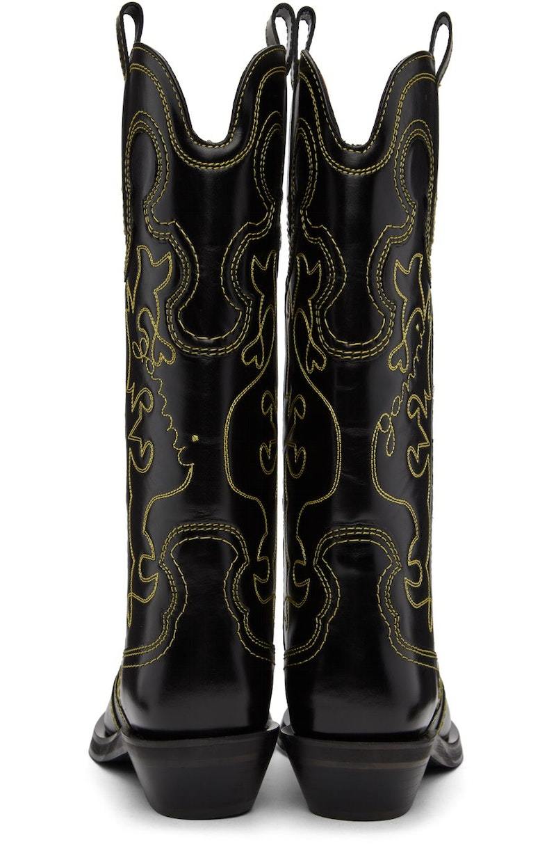 GANNI Embroidered Western Boots - Black/Yellow | Garmentory