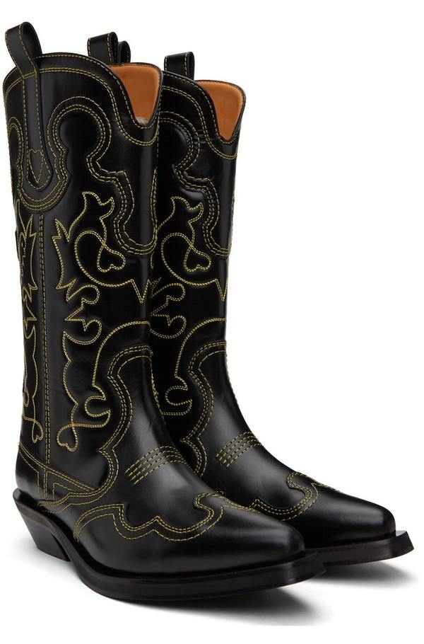 GANNI 新品 Embroidered Western Boot 38 24 GANNI Embroidered Western Boots - Black/Yellow | Garmentory