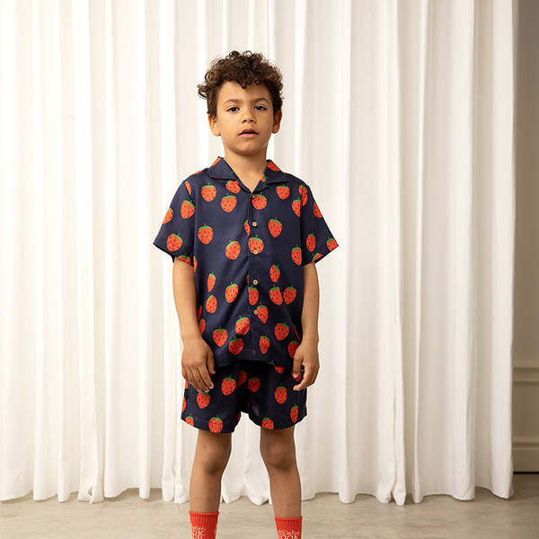 Kids Mini Rodini Child Strawberries AOP Short Sleeve Shirt - Blue 