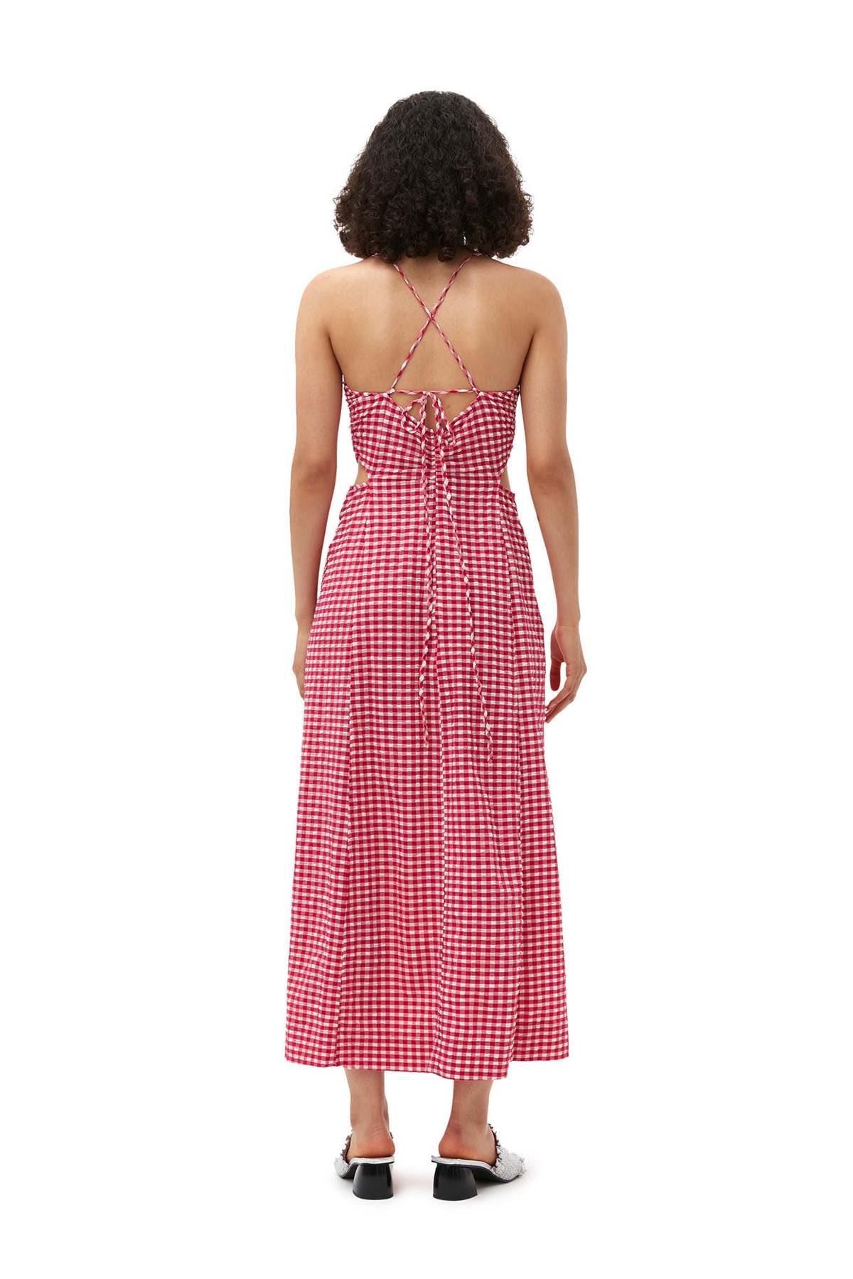 ganni ruched gingham stretch seersucker maxi dress Ganni