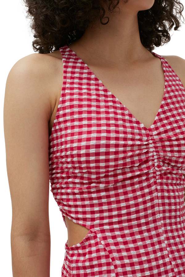 chinese dress ladies Ganni Seersucker Check Smock Maxi Dress