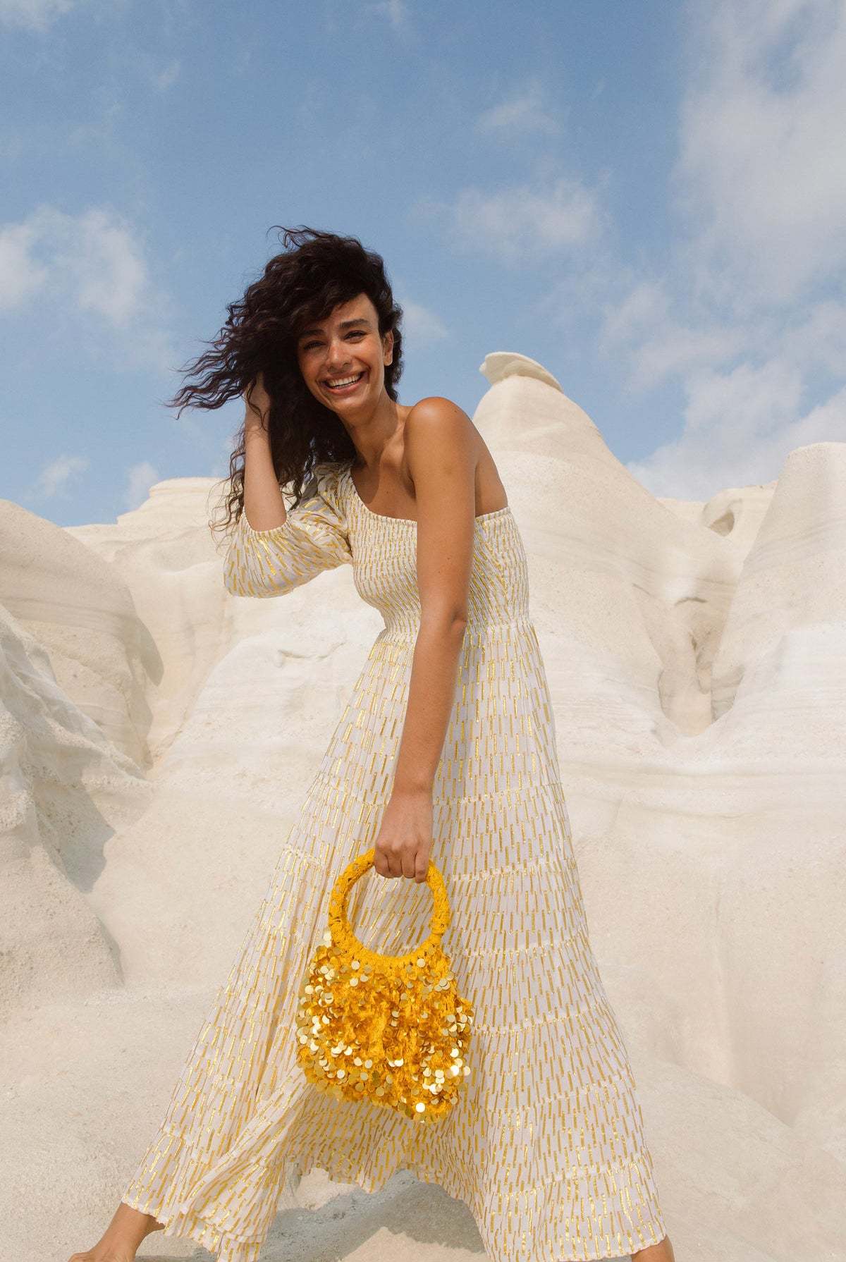 Sundress Joanna Croisette One Shoulder Maxi Dress - White/Gold | Garmentory Sundress Joanna Croisette One Shoulder Maxi Dress - White/Gold | Garmentory