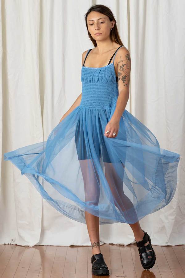 Ali Golden Mesh Ballerina Dress - Muted Cerulean on Garmentory