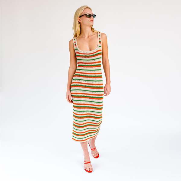 Misc Etc Striped Knit Midi Dress - Green/Orange | Garmentory Misc Etc Striped Knit Midi Dress - Green/Orange | Garmentory