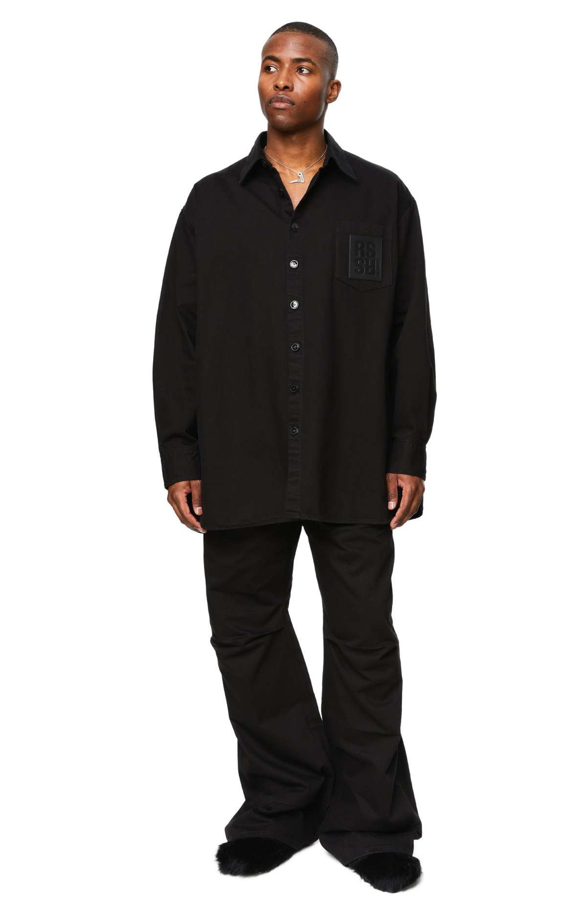 RAF SIMONS OVERSIZED DENIM SHIRT W/LEATHER PATCH - BLACK | Garmentory