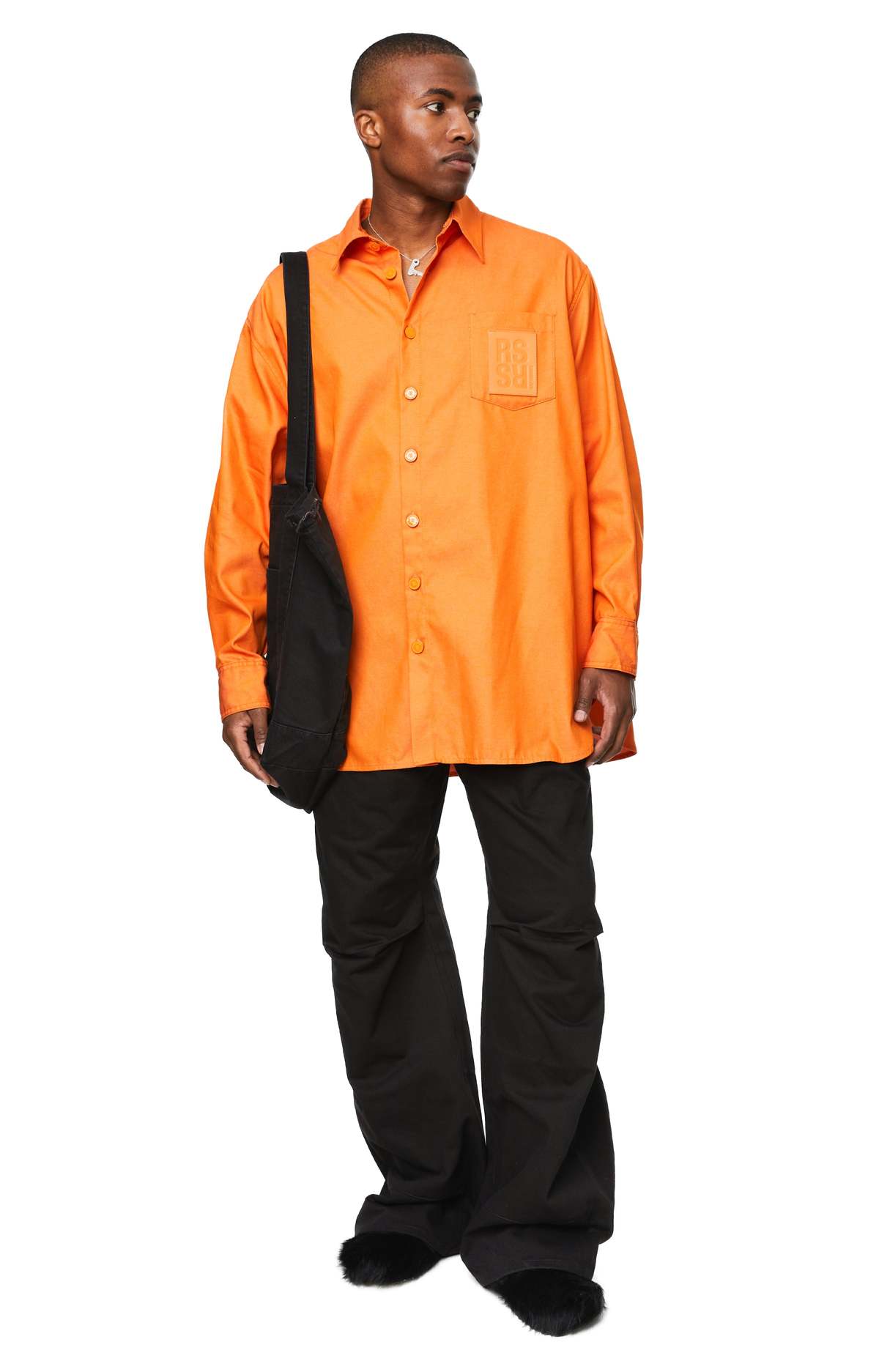 RAF SIMONS OVERSIZED DENIM SHIRT W/LEATHER PATCH - ORANGE | Garmentory