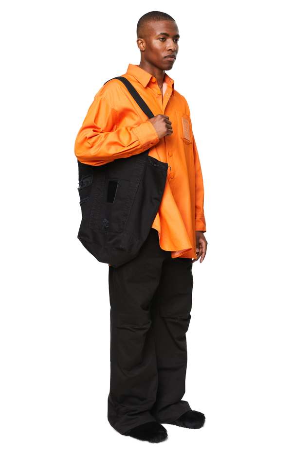 RAF SIMONS OVERSIZED DENIM SHIRT W/LEATHER PATCH - ORANGE | Garmentory