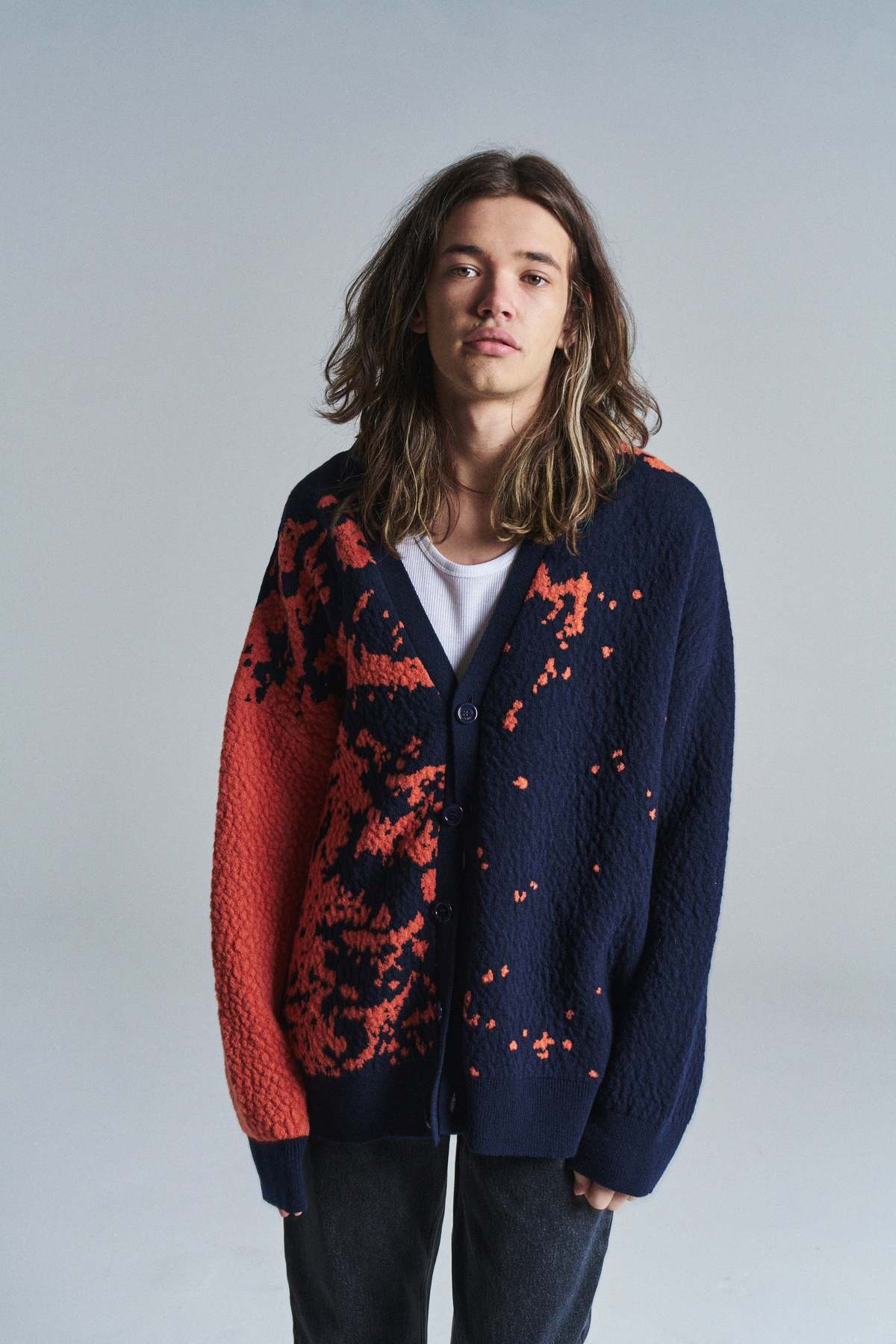 LOEWE Wool Graphic Cardigan - Navy/Orange | Garmentory