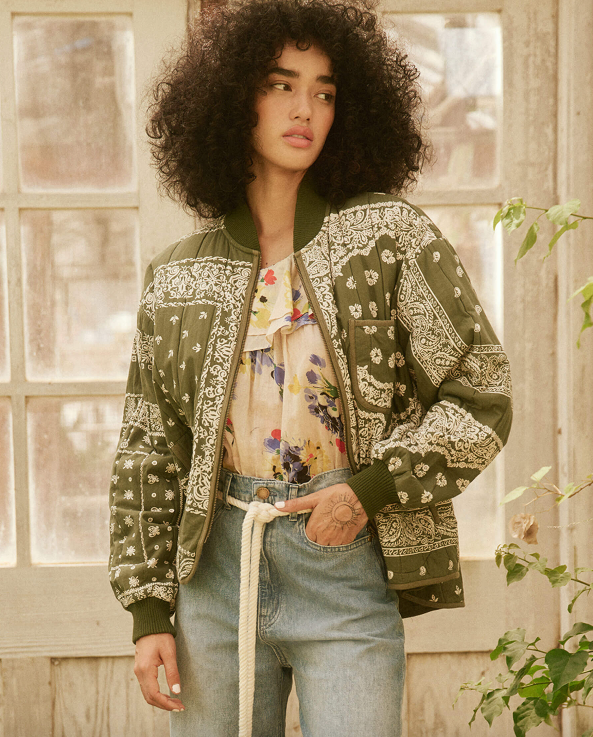 The Great. The Quilted Bomber - Army Bandana Print | Garmentory
