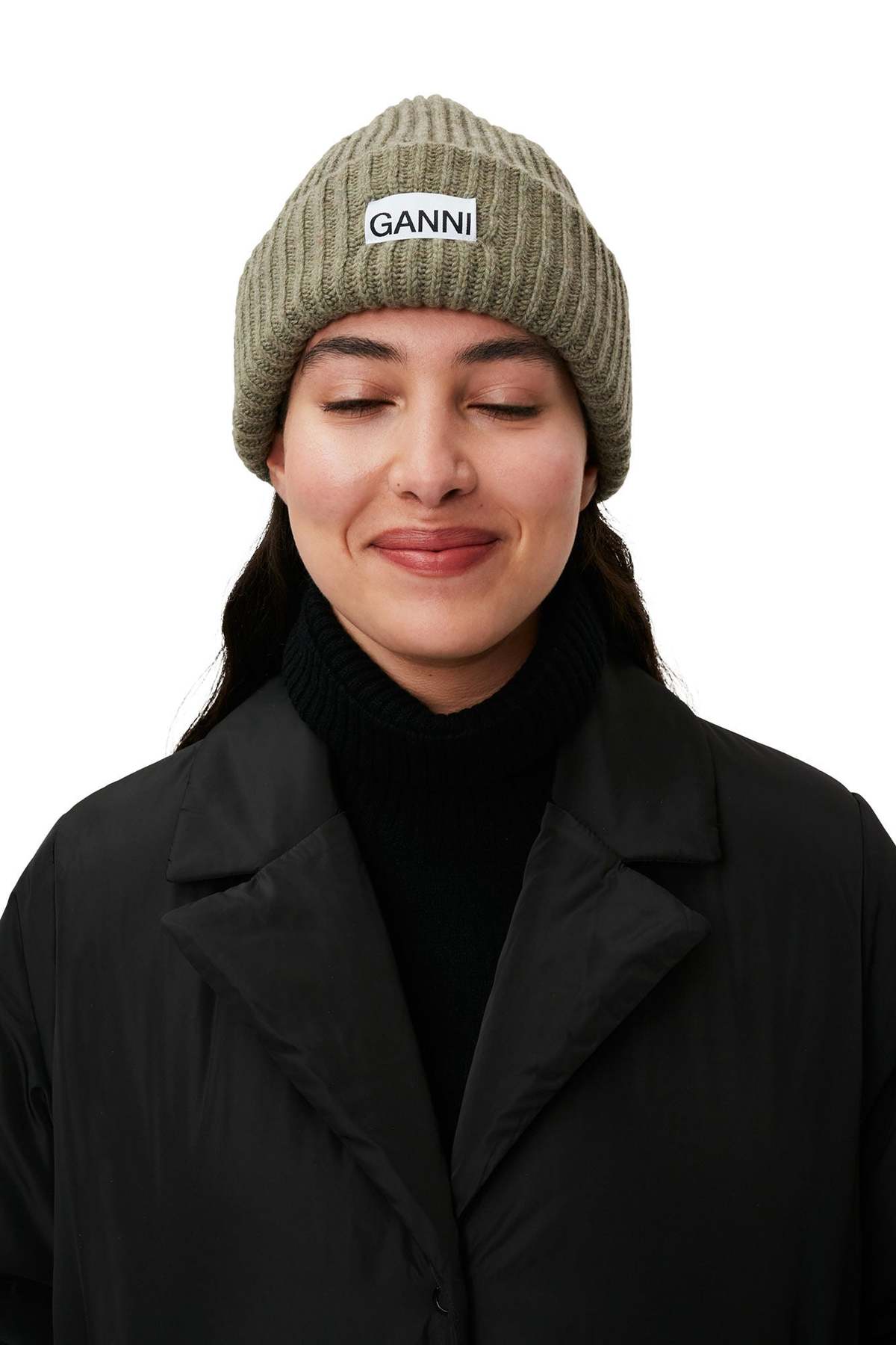 Ganni STRUCTURED RIB BEANIE - DUSTY OLIVE | Garmentory