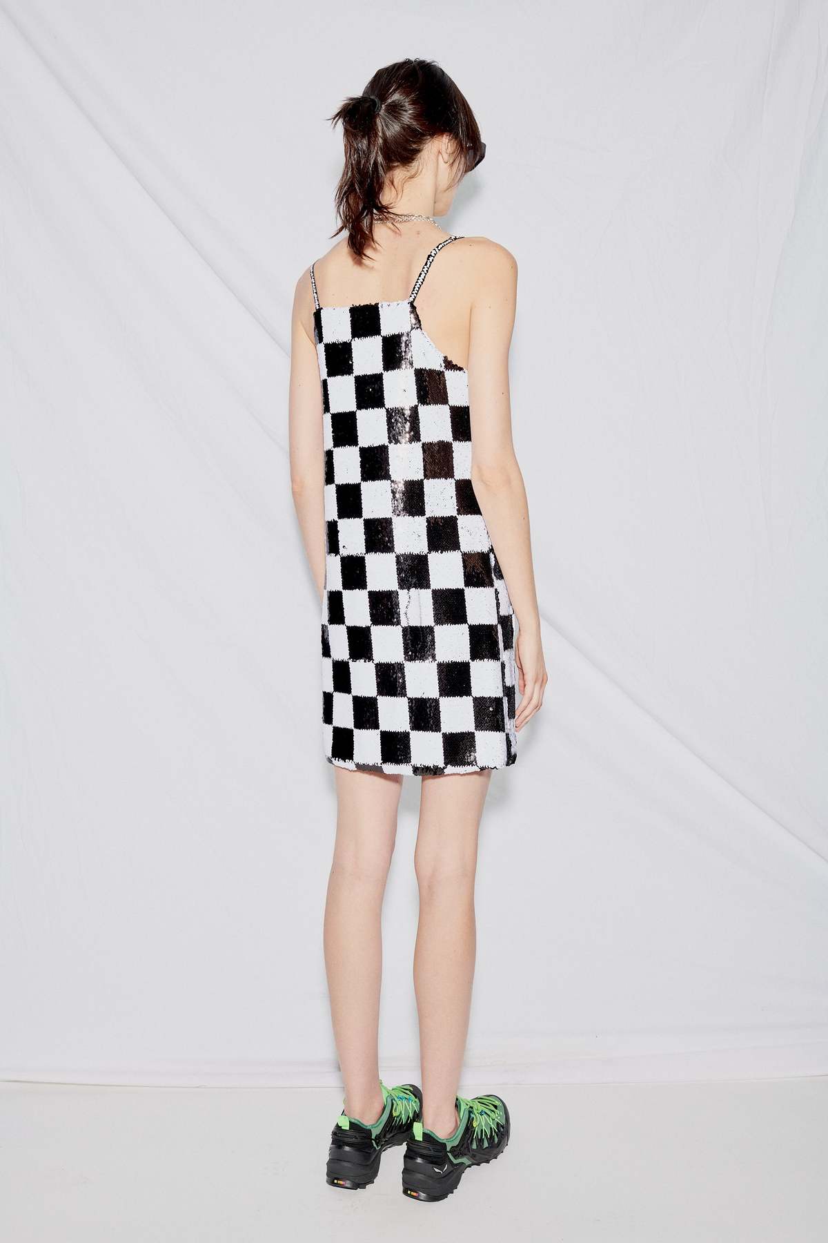 sequin checkerboard mini dress Halter Neck Black and Silver Sequin Checkerboard Mini Dress