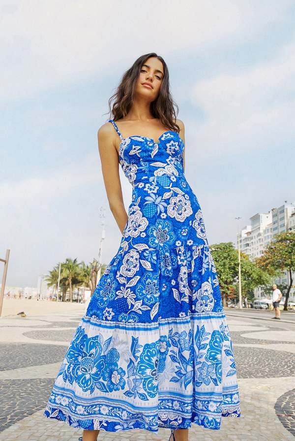 Farm Rio Full Of Flowers Organic Cotton Midi Dress - Blue/White on  Garmentory