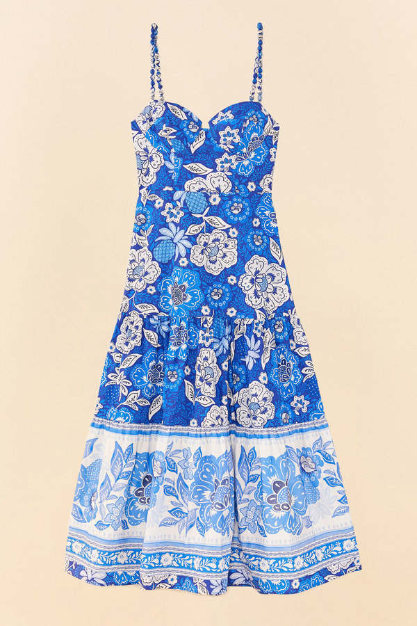 Farm Rio Full Of Flowers Organic Cotton Midi Dress - Blue/White | Garmentory