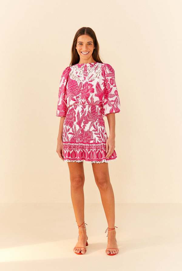 Farm Rio Woodcut Mini Dress - Pink Tropical | Garmentory
