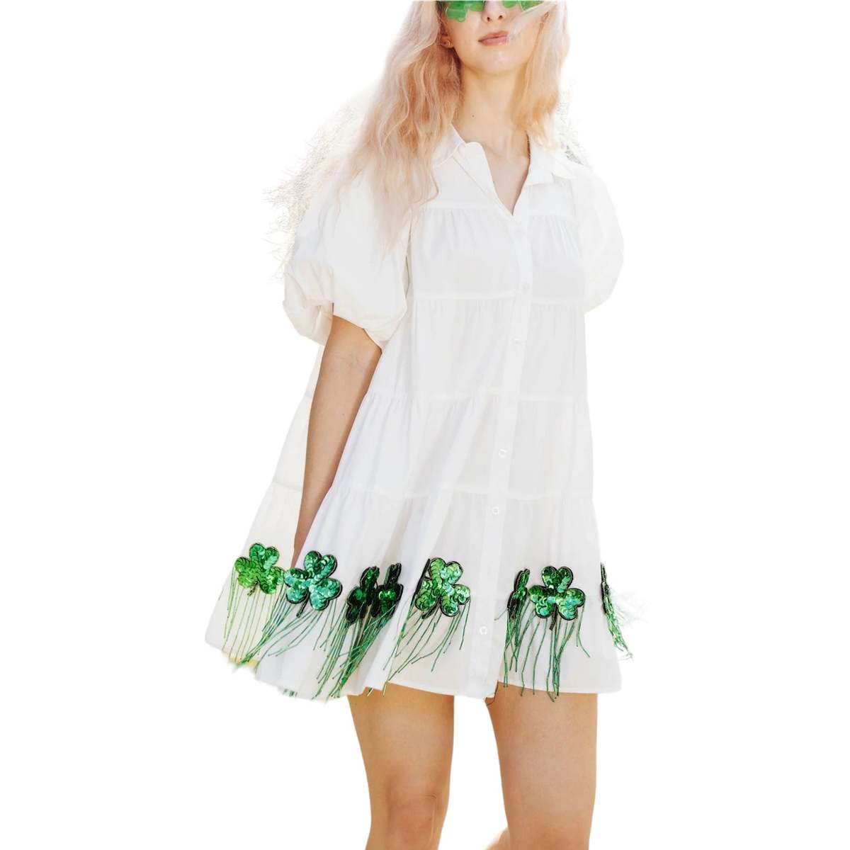 Queen of Sparkles Bead Shamrock Fringe Dress White Garmentory