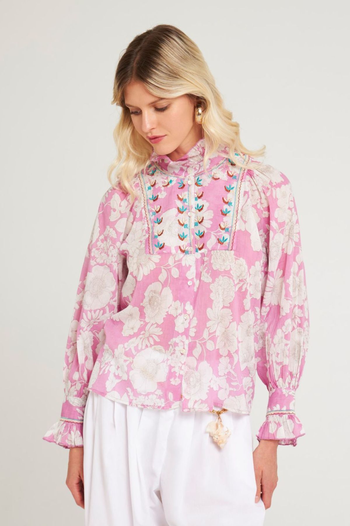 Peony ribbon frill blouse pink