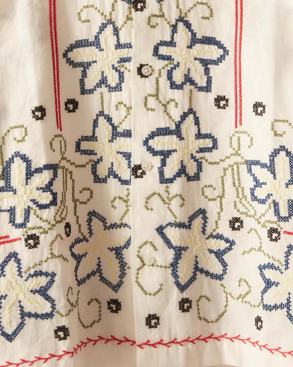 BODE Cornflower Cross Stitch Short Sleeve Shirt | Garmentory