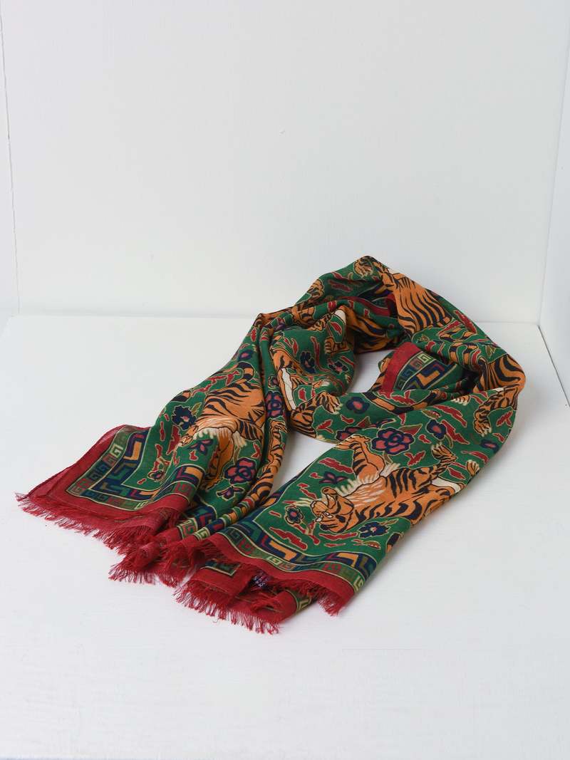 Drake's Tiger Print Wool-silk Scarf Scarf - Green | Garmentory