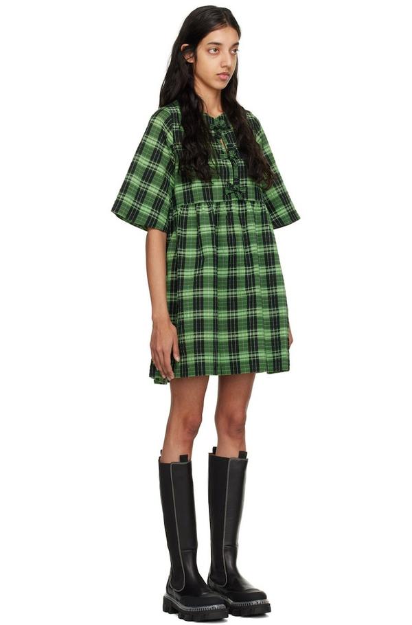 ganni green plaid dress GANNI Checked Organic Seersucker Dress