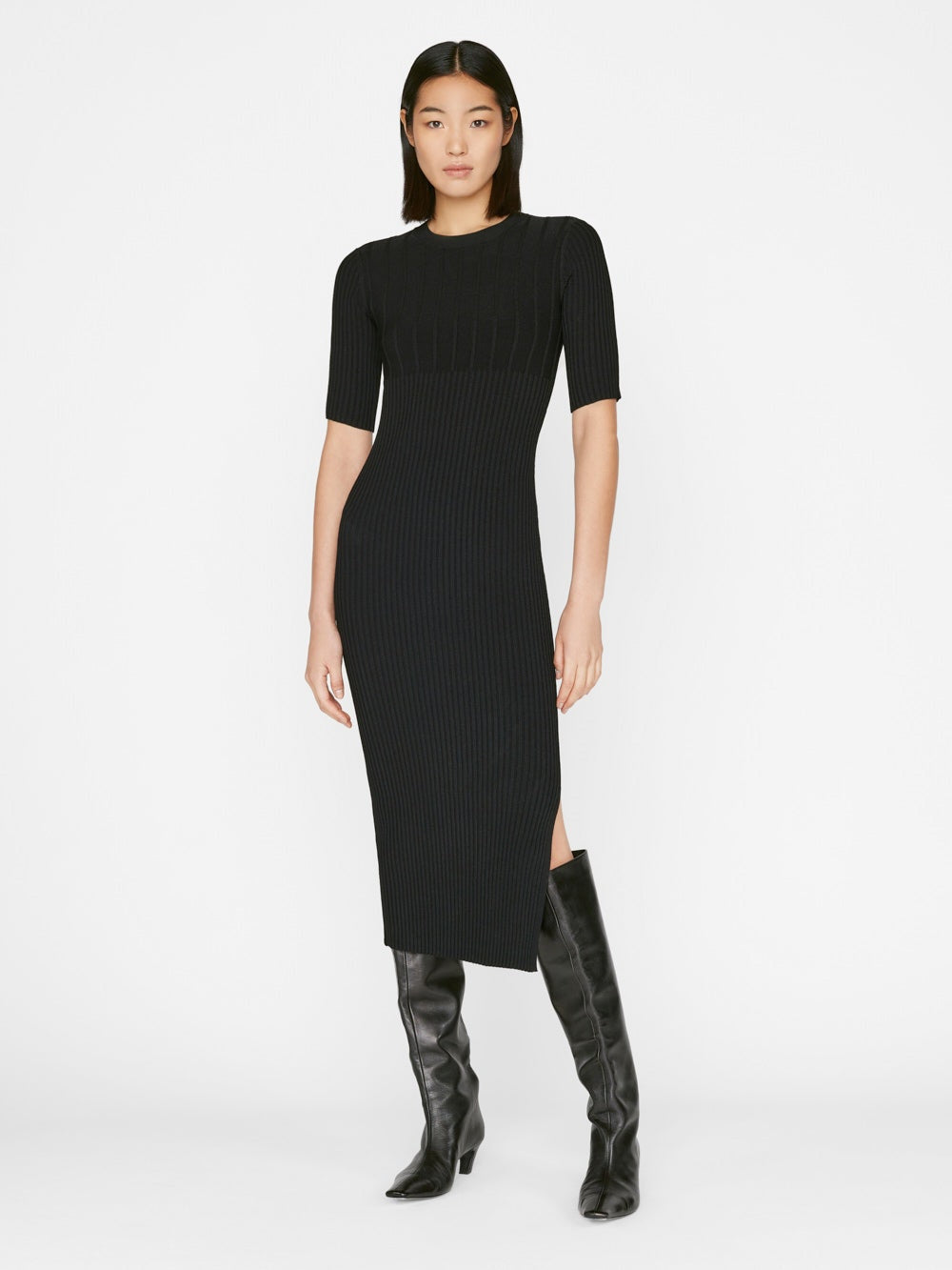 frame long rib dress FRAME Denim Mixed Rib LWSW1728 Sweater Dress - Noir
