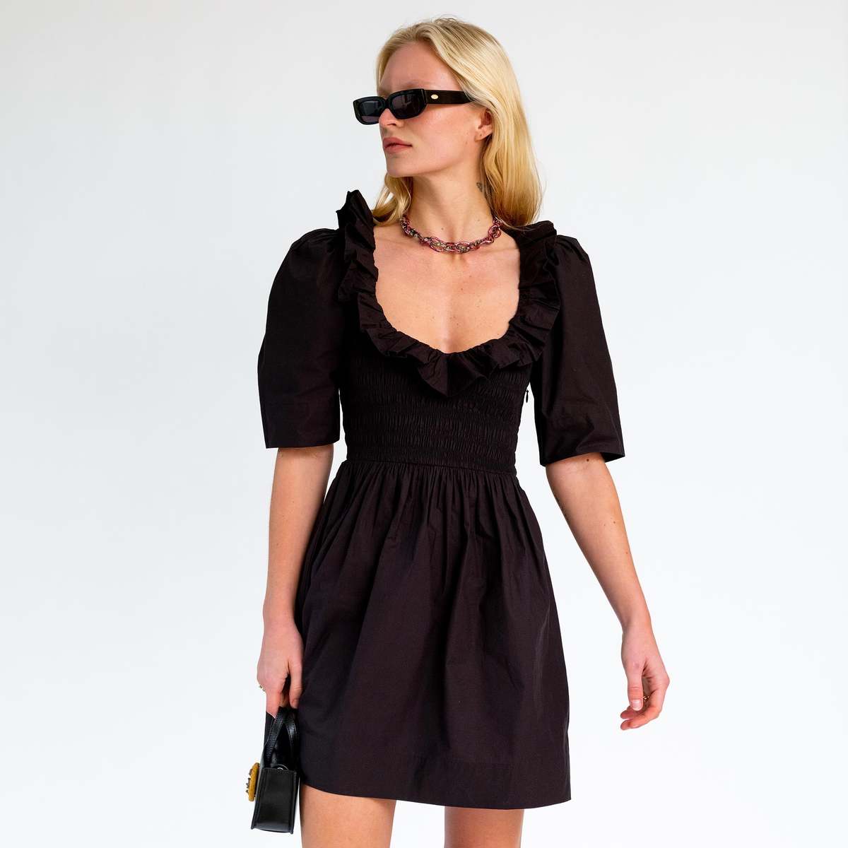 Ganni ■ Cotton Poplin U-neck Mini Dress Racing Red Red Cotton Poplin Gathered U-neck Mini Dress