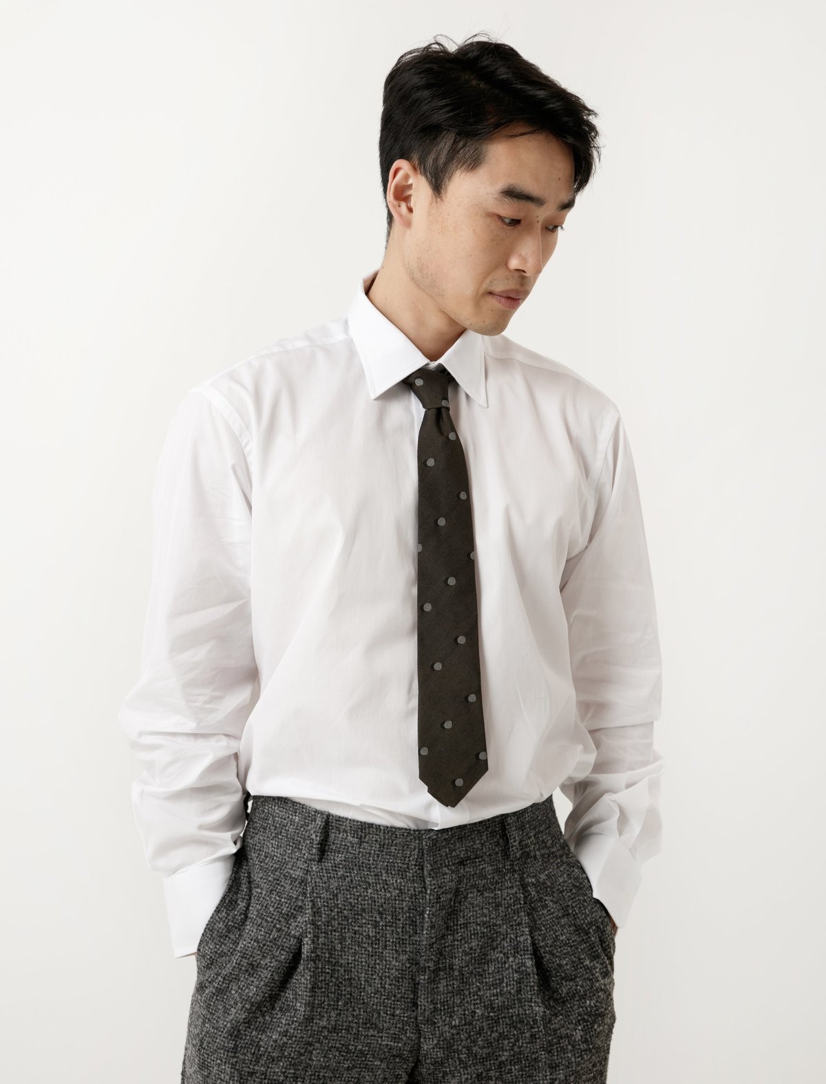 Margaret Howell Wool Silk Tie - Shadow Dot Khaki/Grey | Garmentory