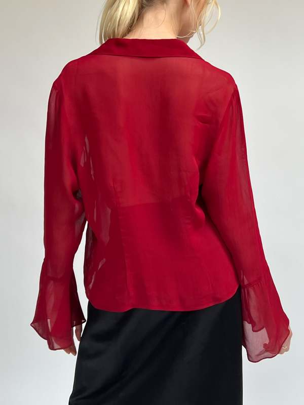 Vintage Sheer Ruffle Cuff Blouse - Red | Garmentory