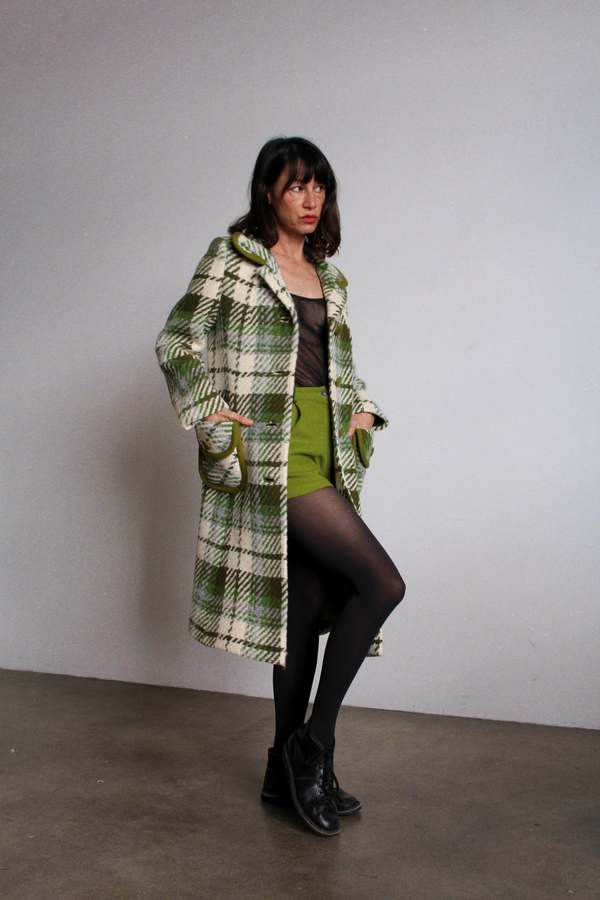 Medium 1960s Coat Green Plaid Wool Tweed Winter Outerwear