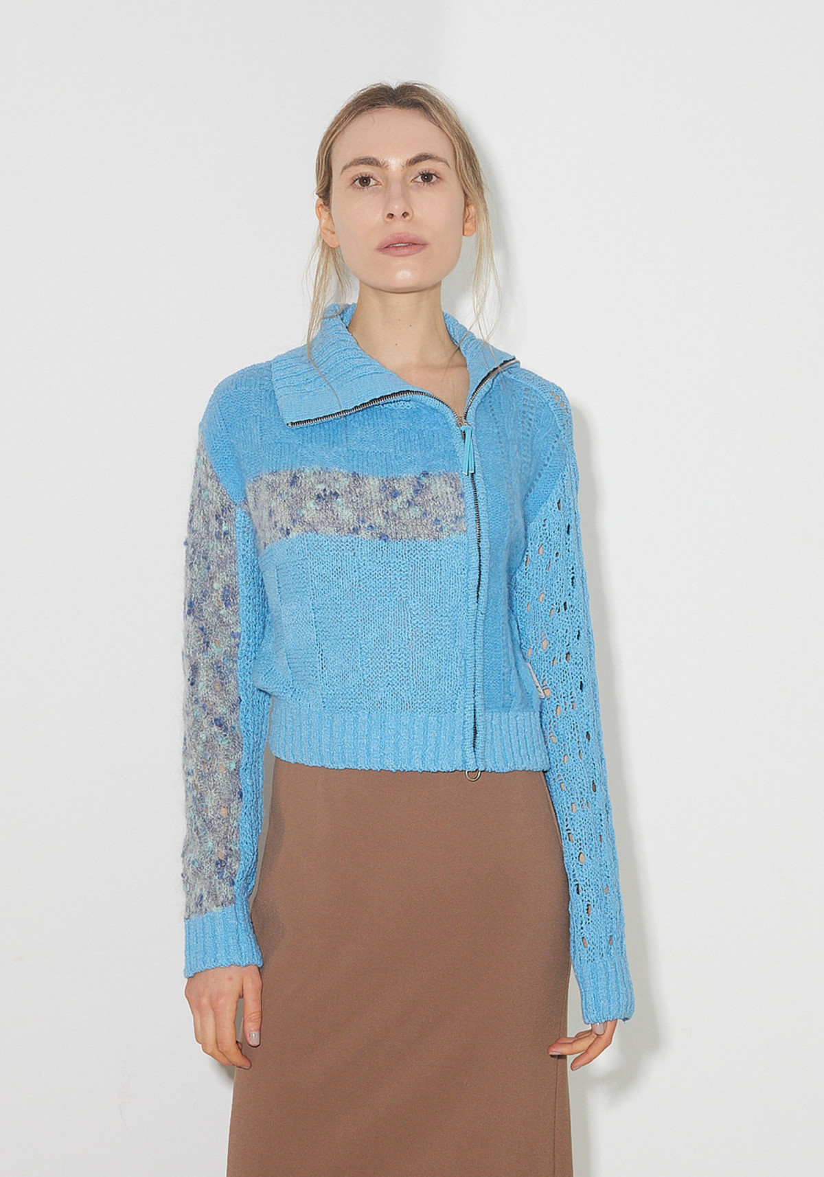 ANDERSSON BELL Patchwork Collar Knit Zip Cardigan - Blue | Garmentory