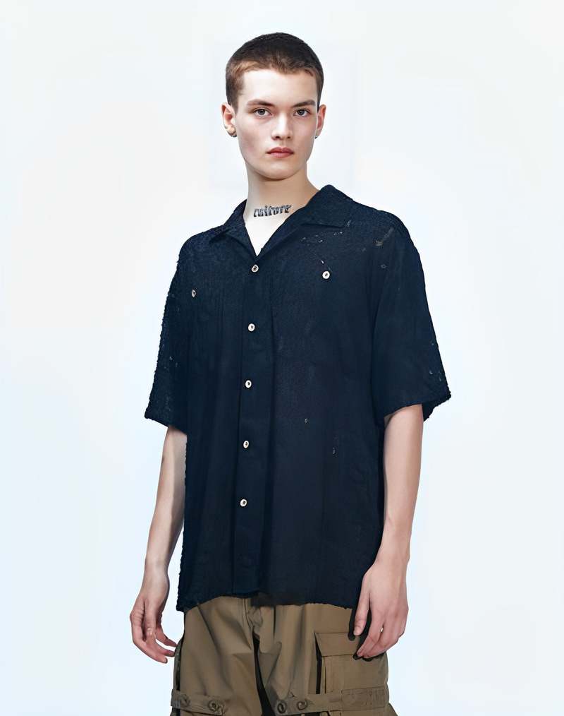 ANDERSSON BELL Bali Sheer Open Collar Shirt - Black | Garmentory