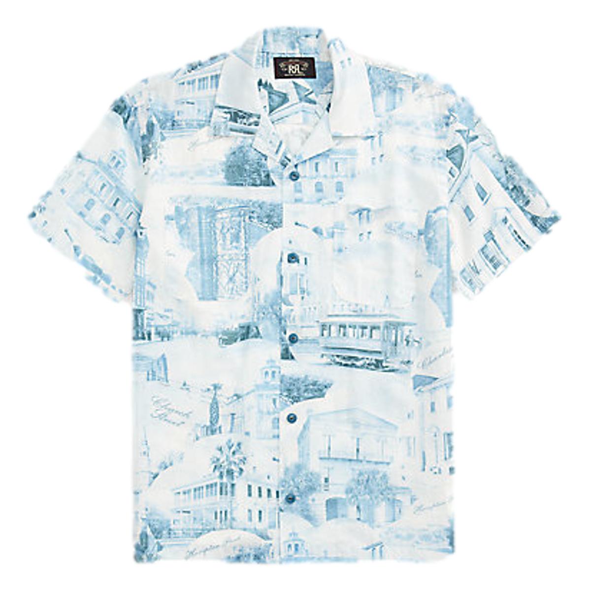 RRL Postcard-Print Linen-Cotton Camp Shirt - Cream Blue | Garmentory