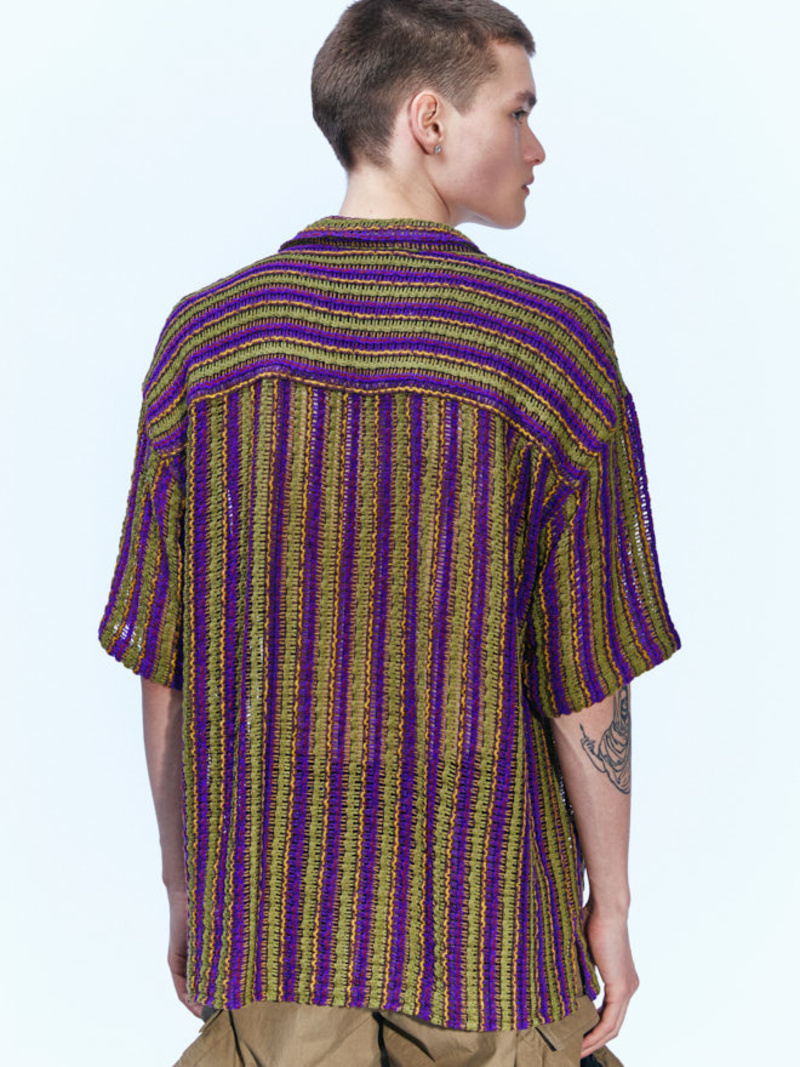 ANDERSSON BELLSTRIPE OPEN COLLAR SHIRT ANDERSSON BELL Open Knit Camp Shirt - Purple Stripe | Garmentory