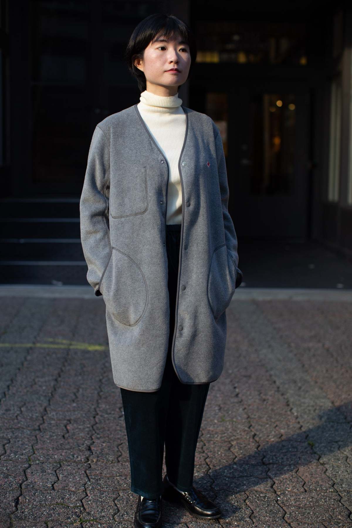 Danton Women Fleece Collarless Long Jacket - Grey | Garmentory