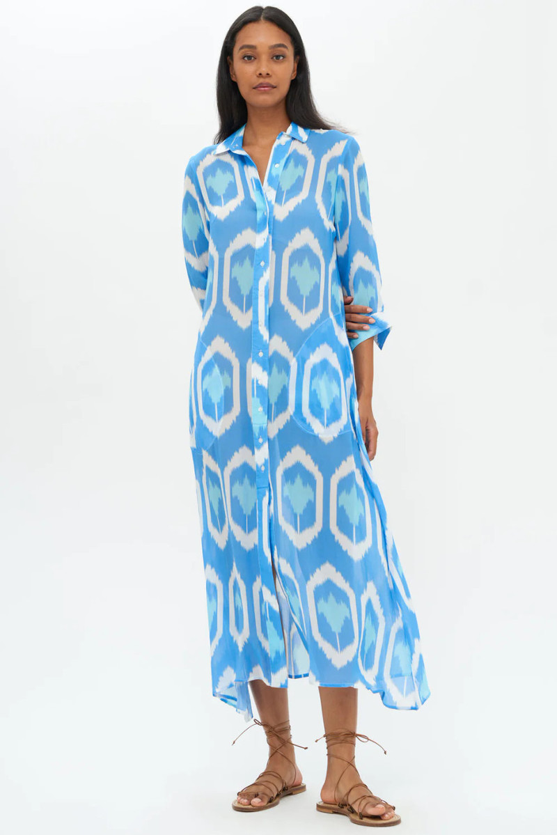 oliphant midi dress Puff Sleeve Shift Midi Stripe Woven Cotton, Henley Blue, Small