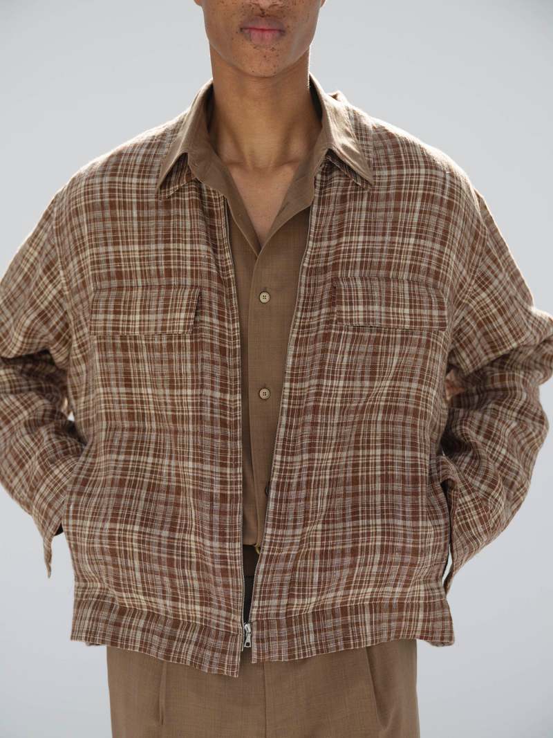 Auralee Linen Silk Check Zip Blouson - Brown | Garmentory